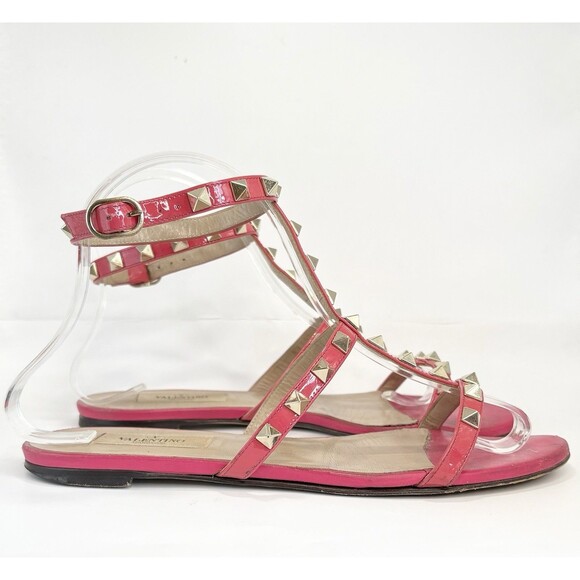 Valentino Garavani Rockstud Patent Leather Sandals Hot Pink Gold Stud Sz EU 37 7 - Picture 1 of 12